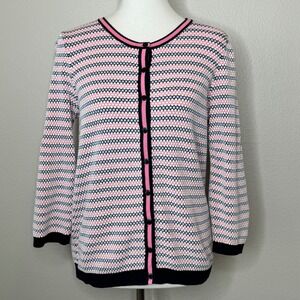 TALBOTS Cardigan Sweater LG Pink Navy White Stripes Dots Crew Preppy‎ Spring